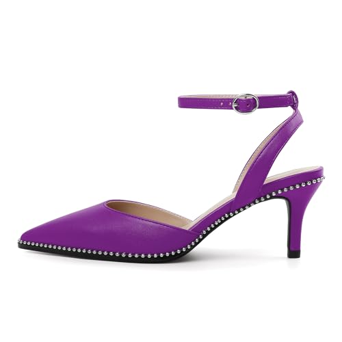 Image of SAMMITOP Kitten Heels for Women Low Heel Closed Toe Ankle Strap Pumps Wedding Party Beaded Dress Shoes 2.4 Inch