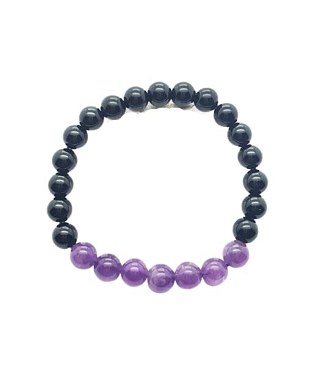 LYGBAOFUL Natürliches schwarzes Turmalin-Amethyst-Armband, Schwarze Glatte Perlen, elastisches Armband, Geschenk für Männer und Frauen