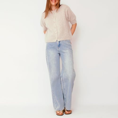 Image of Womens Button Up Short Sleeve Cardigans Sweater Cropped Lightweight Round Neck Elegant Knit Tops with Pockets