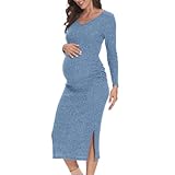 LAHILO Long Sleeve Maternity Sweater Dress for Fall Winter Baby Shower & Photoshoot - Women's Pregnancy Maternity Dresses Sky Blue