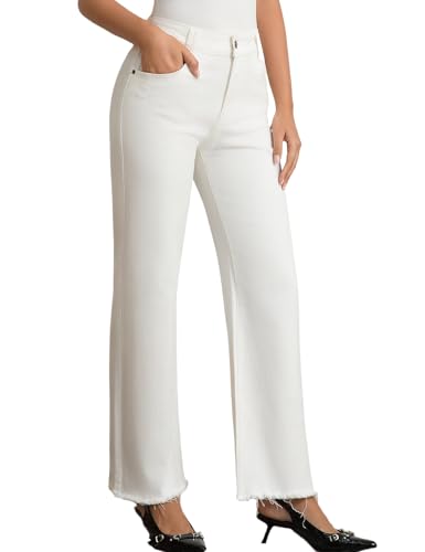 JK SUE JONES White Wide Leg Jeans for Women Mid High Waist Straight Leg Boyfriend Mom Denim Pants Frayed Raw Hem