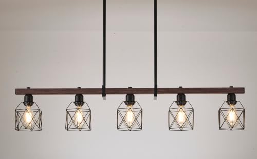 Rjieoc 5-Light Industrial Kitchen Island Lighting with Wood Grain Bar and Black Metal Cage, Farmhouse Rustic Hanging Ceiling Lamp for Dining Room, Living Room - image 7