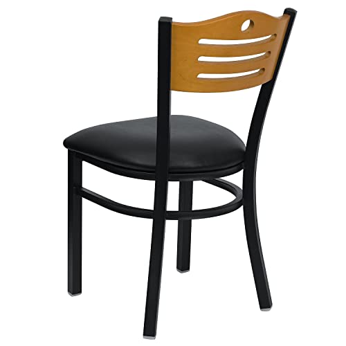 Image of Flash Furniture 2 Pack HERCULES Series Black Slat Back Metal Restaurant Chair - Natural Wood Back, Black Vinyl Seat