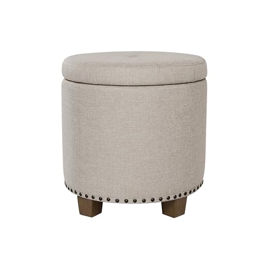Image of HomePop 18.5 inch Round Storage Ottoman with Nailheads - Light Brown Fabric