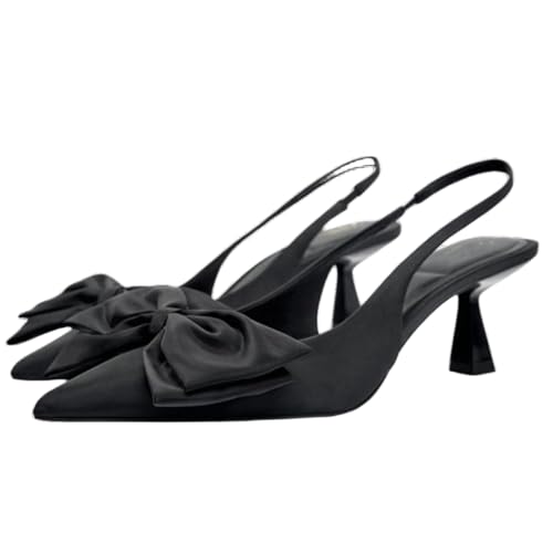 Black Heels with Bow Pumps for Women Stiletto Heel Satin Slingback Spring Shoes