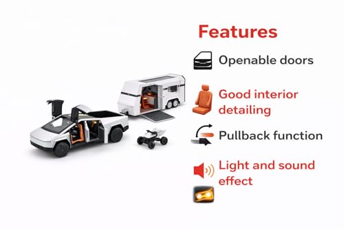 Image of Tesla Cybertruck with RV Trailer and ATV 1:36 Scale Die-Cast Metal Car Model Set - Openable Doors Pull-Back Alloy Collectible Toy