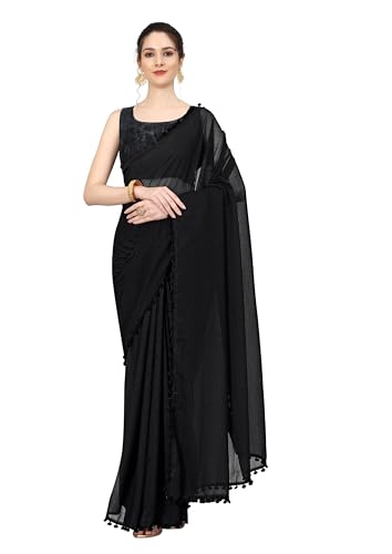 Image of StyleScope Women's Zomato Chiffon Georgette Pom Pom Lace Bordered Saree With Unstitched Blouse Piece (Zomatoo)