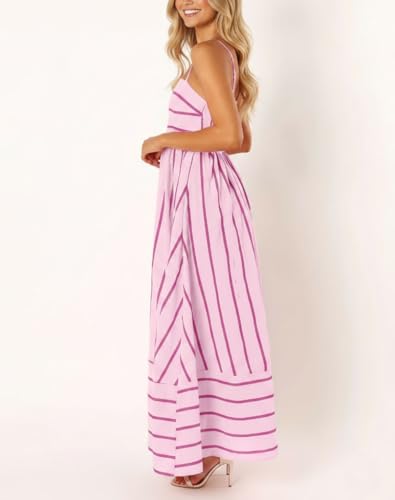 Image of chouyatou Women's Striped Back Smocked Maxi Dress Sexy Spaghetti Strap Cut Out Flowy Swing Long Dress