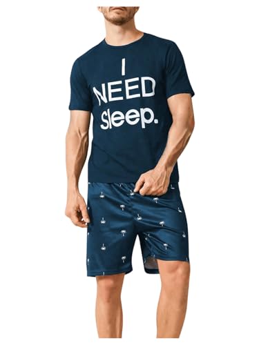Image of Verdusa Men's Pajamas Set 2 Piece Pjs Sets Short Sleeve Letter Print Tee and Short Lounge Set