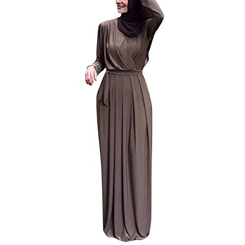 Women's Long Sleeve Maxi Dress Muslim Abaya Robe Plain Simple Modern Islamic Arabic Style Casual Dress (46-Khaki, M)