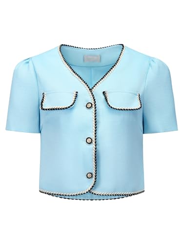 Women's Tweed Jacket Contrast Color Button Down Short Sleeve Work Office Blazer