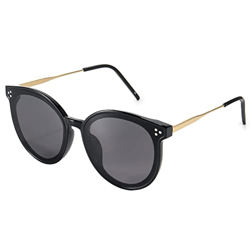 Dollger Classic Round Sunglasses for Women Men Big Black Retro Trendy Shades UV400 Sunnies Frame