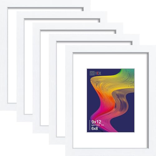 VCK 9x12 Frame 5 Pack, White Wood, 6x8 Mat, Glass, for Picture Photo
