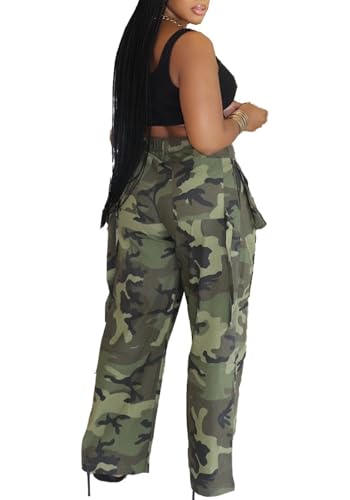 Women's Camo Cargo Pants Y2K High Waisted Wide Leg Baggy Army Fatigue Trousers with Pockets Sweatpants3