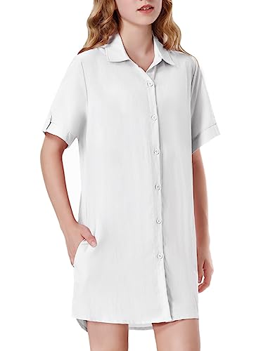 Girls Shirt Dress Short Sleeve Button Down Linen Loose Casual Tunic Blouse Top with Side Pockets White 10Y