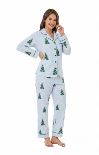 Image of LUBOT Christmas Pajamas for Women 100% Cotton Pajama 2 Piece PJ Set Soft Long Sleeve Button Xmas Print Loungewear XS-XXL