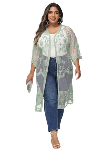 Image of Anna-Kaci Women's Plus Size Lace Cardigan Embroidered Long Kimono Dusters with Half Sleeves