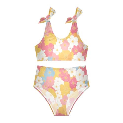 Flower Pink Yellow Girl Two Piece Kids Bikini Set Scoop Neck Swimsuits Swimming Suits Cute Shoulder Strap3