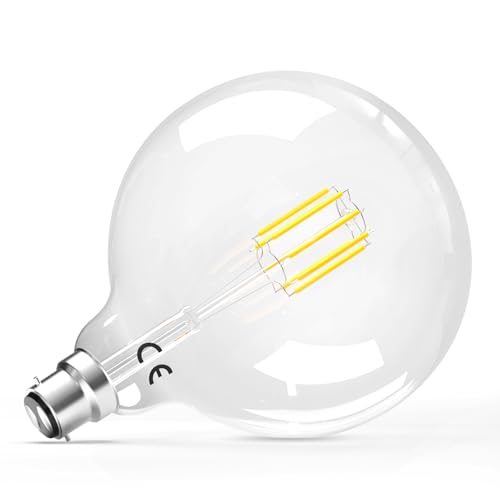 Luxvista B22 G125 Large Light Bulb, Dimmable BC Bayonet Cap LED Filament Bulbs Cool White 6000K 8W(60W Equivalent) Vintage Decorative Clear Glass Globe 800LM, 1-Pack