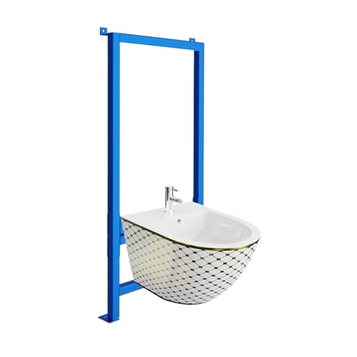 LAVITA Vorwandelement für Bidet LAV 500 + Wand-Bidet Sofi Checked Gold Komplettset Wand-Hänge Bidet mit Hahnloch und Überlaufschutz aus Keramik WC Hygienisch und Pflegeleicht 36,5x49x32,5 cm