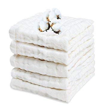 Image of Baby Muslin Washcloth Cotton Baby Wipes Cum Face Towel, 5 Pack 10x10 inches - White