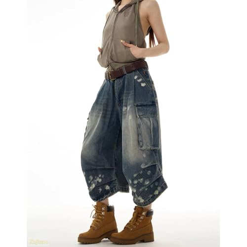 Retro Washed Cut Denim captcha Pants for Men and Women Loose Multi Pocket designelastic Denim Casual Comfortable4