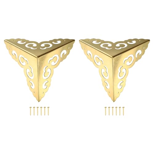Image of uxcell 2 Pcs Brass Edge Guard, 80mm Decorative Box Corner Cover, Corner Protector, Vintage Stair Dust Corners with Screws, Gold