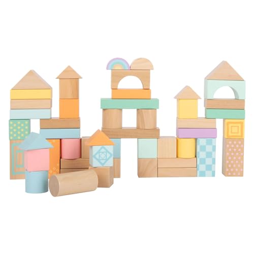 Image of Small Foot- 50 Pastel Wooden Building Block Playset- Stacking Toys for Boys and Girls Ages 12+ Months-Montessori-Perfect for Birthdays and Holidays