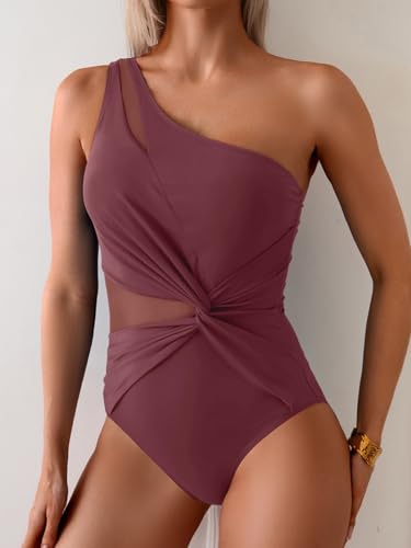 One Shoulder One Piece Swimsuit for Women Mesh Tummy Control Bathing Suit Twist Swimwear with Removable Strap4