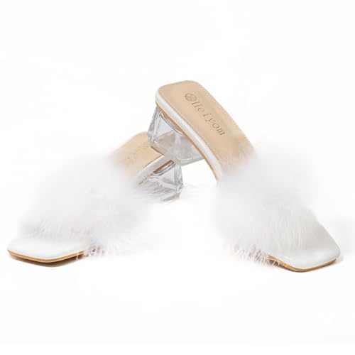 Heiyom Women's Square Toe Low Block Chunky Heels Mules Sandals Fluffy Feather Slip on Clear Heels Wedding Bridal Party Dress Shoes White 43 US102