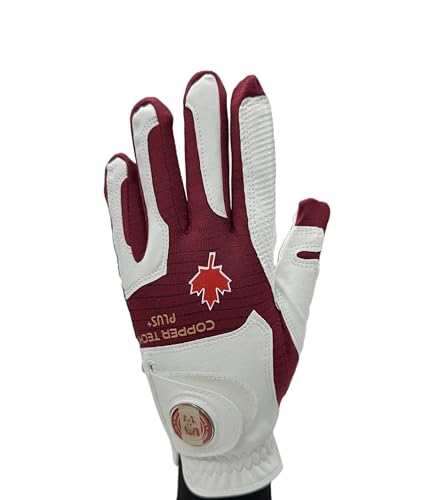 XEIRPRO Copper Tech Men's Golf Gloves Worn on Left Handed for Right Handed Golfer, Patriotic Canada National Flag Pattern w/Ball Marker, Copper Infused Mens Golf Gloves Canada Themed, Medium-Large