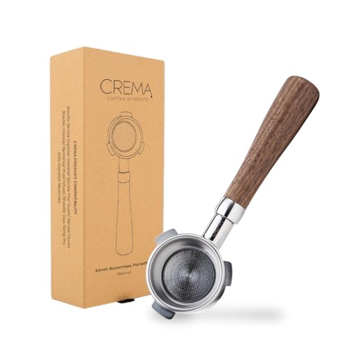 CREMA Coffee Products 54mm Bottomless Naked Portafilter | Compatible with 54mm Breville Machines | Includes Double Shot Filter Basket | Walnut