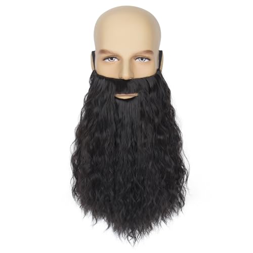 Yan Dream Men Black Fake Beard Long Curly Black Beards and Mustache for Party Halloween