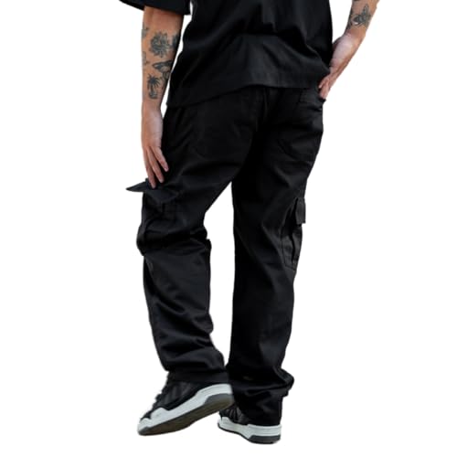 Calça Cargo Masculina de Sarja com 6 Bolsos, Larga, Tática, Preta (BR, Alfa, GG, Regular, Regular, P
