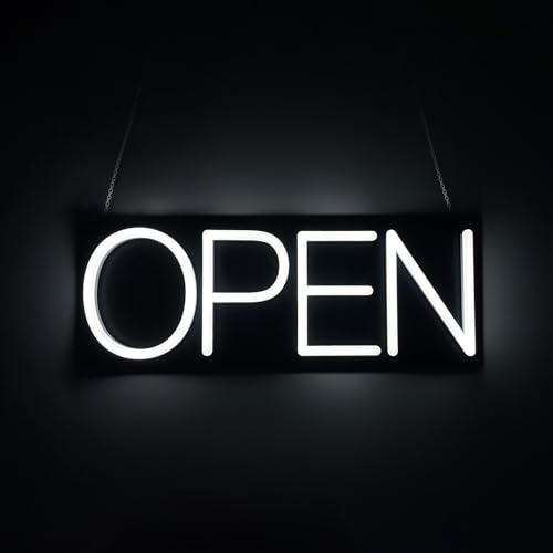 HiNeon White Neon Open Sign 20inx7in LED Light w/Remote Controller, Electric Light Up Open Sign for Business Store, w/Hanging Chain for Shop Windows, Direct Plug-In w/ 12V Power Adapter