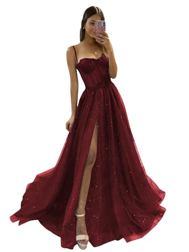 Tüll-Abschlussballkleider Lange Glitzer-Spaghetti-Träger Partykleid Sweetheart A-Linie Formale Abendballkleider mit Schlitz Burgundy XS