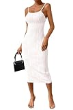 PRETTYGARDEN Women's Sexy Midi Bodycon Dress 2024 Summer Spaghetti Strap Sleeveless Knit Party Tight Fitted Dresses (White,Medium)