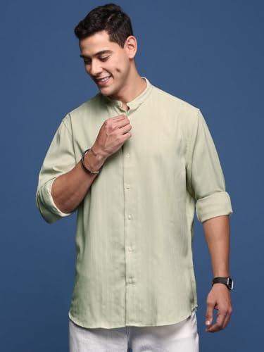 Image of SHOWOFFFF Men Solid Casual Shirt | Mandarin Collar Full Sleeves Cotton Shirt for Mens | Slim Fit Regular Length Shirt for Men's