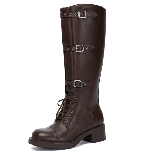Athlefit Women's Knee High Boots Wide Calf Buckle Riding Boots Square Toe Lace Up Chunky Low Heel Booties