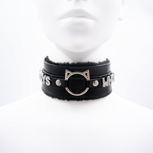 Handmade Collar Choker Necklace for Women – Cat Ear O-Ring Punk Goth Letter Choker,Black/Pink Furry Alt Fashion Jewelry3