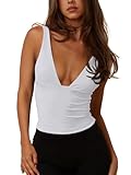 REORIA Women's Summer Sexy Plunge Deep V Neck Sleeveless V Backless Tank Top Going Out Double Lined Workout Yoga Crop Tops White Medium