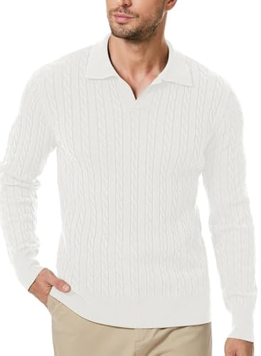 Men's Sweater V Neck Cable Knit Pullover Sweater Casual Long Sleeve Collared Twist Patterned Polo Sweaters