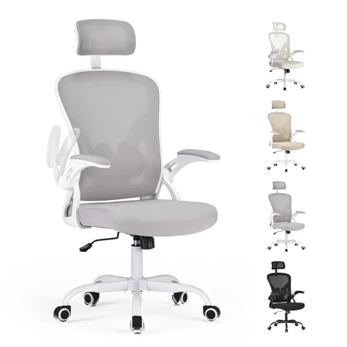 Farini Ergonomischer Stuhl mit Armlehne Büro Schreibtischstuhl mit Rollen Bequemer Home Office Stuhl, Grau Weiß