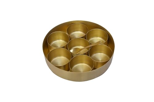 Image of Pure Brass Small Masala Box (6 Inch) with Lotus Design, Handcrafted Spice Box with 7 Containers & Spoon, Mukhwas Box, Kitchen Storage, Round Brass Masala Dani, Diwali & Housewarming Gift