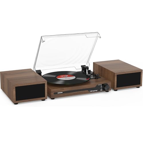 Udreamer Platino Vinilo con 2 Altavoces estéreo Dobles, Vintage Tocadiscos Bluetooth 5.3 soporta 3 velocidades, Entrada Auxiliar, línea RCA, USB, Lectura inalámbrica, café