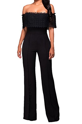 Womens Strapless Off Shoulder Wide Leg Lace Jumpsuits Rompers Clubwear XL Black