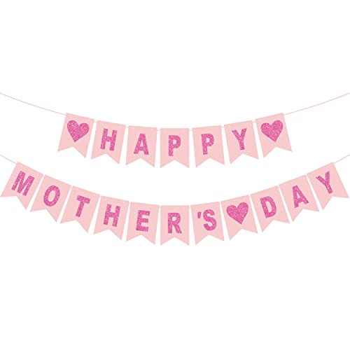 CAVLA Happy Mother's Day Banner Pink Rose Red Mothers Day Bunting Banner with Heart Signs Best Mom Ever Thanks Mom Paper Banner for Home Wall Mother’s Day Party Decorations Supplies