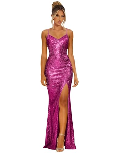Dansiuey Sequin Mermaid Prom Dresses for Women Sequin Sparkly Spaghetti Strap Long V Neck Bodycon...