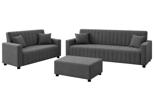 Image of Rosebell 3+2 Fabric Sofa Set with Ottoman | Velvet Upholstery 5 Seater Sofa | with Printed Cushions | Living Room Furniture | Grey Color
