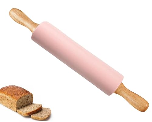 Silicone Rolling Pin for Baking,15inch Pastry Dough Roller with Wooden Handle Non Stick Surface Rolling Pin for Dough Fondant Cookie Pastry Tapered Dumpling Baking Supplies (pink)